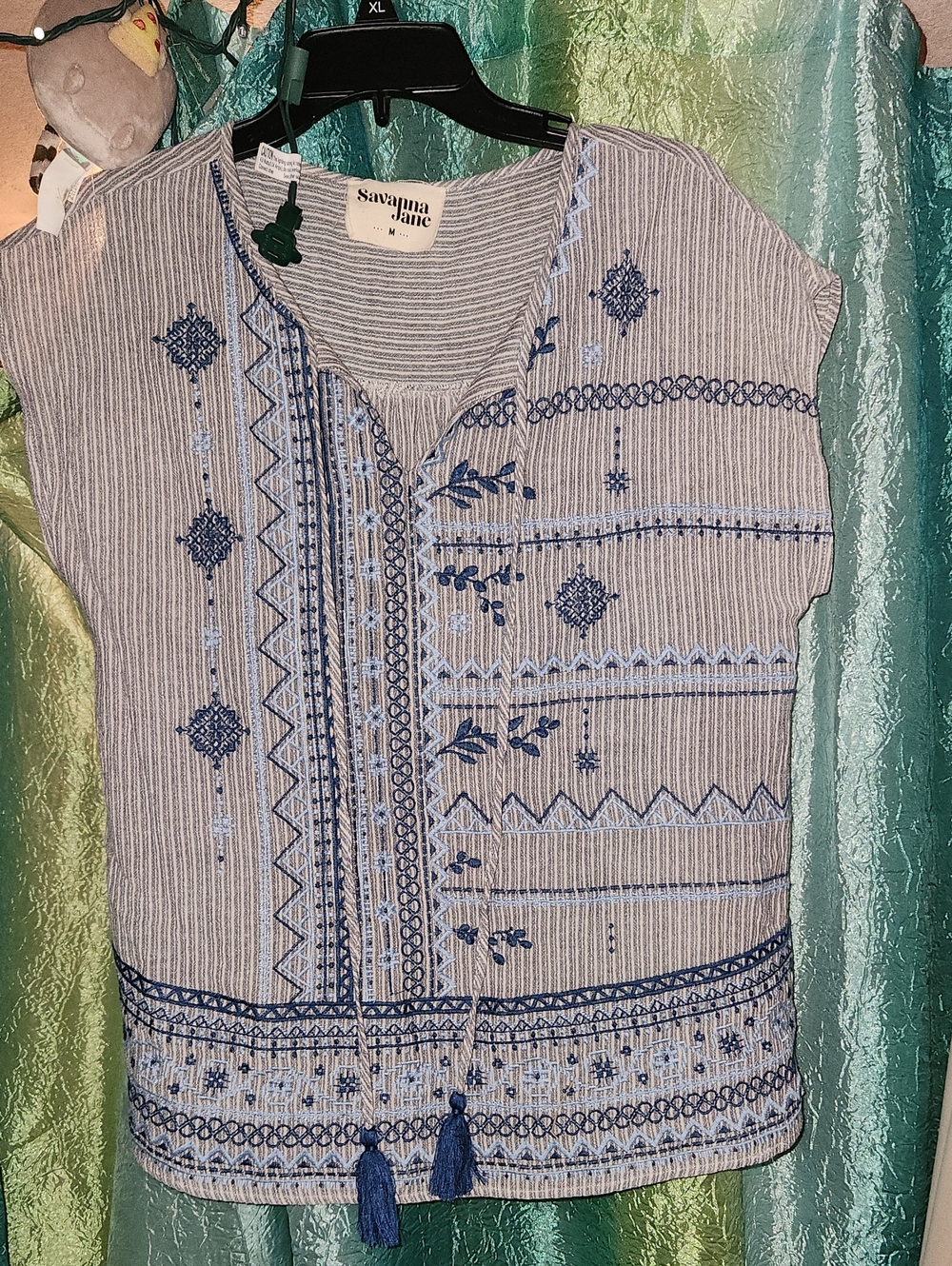 Savanna Jane Blue & Navy Embroidered Tassel Short Sleeve Top